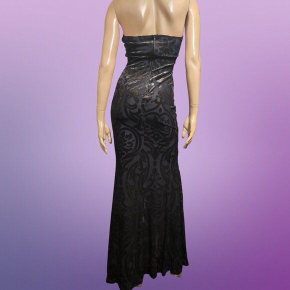 Y2K Maxi Dress Party Cocktail Size S Black Flocked Velvet Mermaid Fishtail - Picture 9 of 13